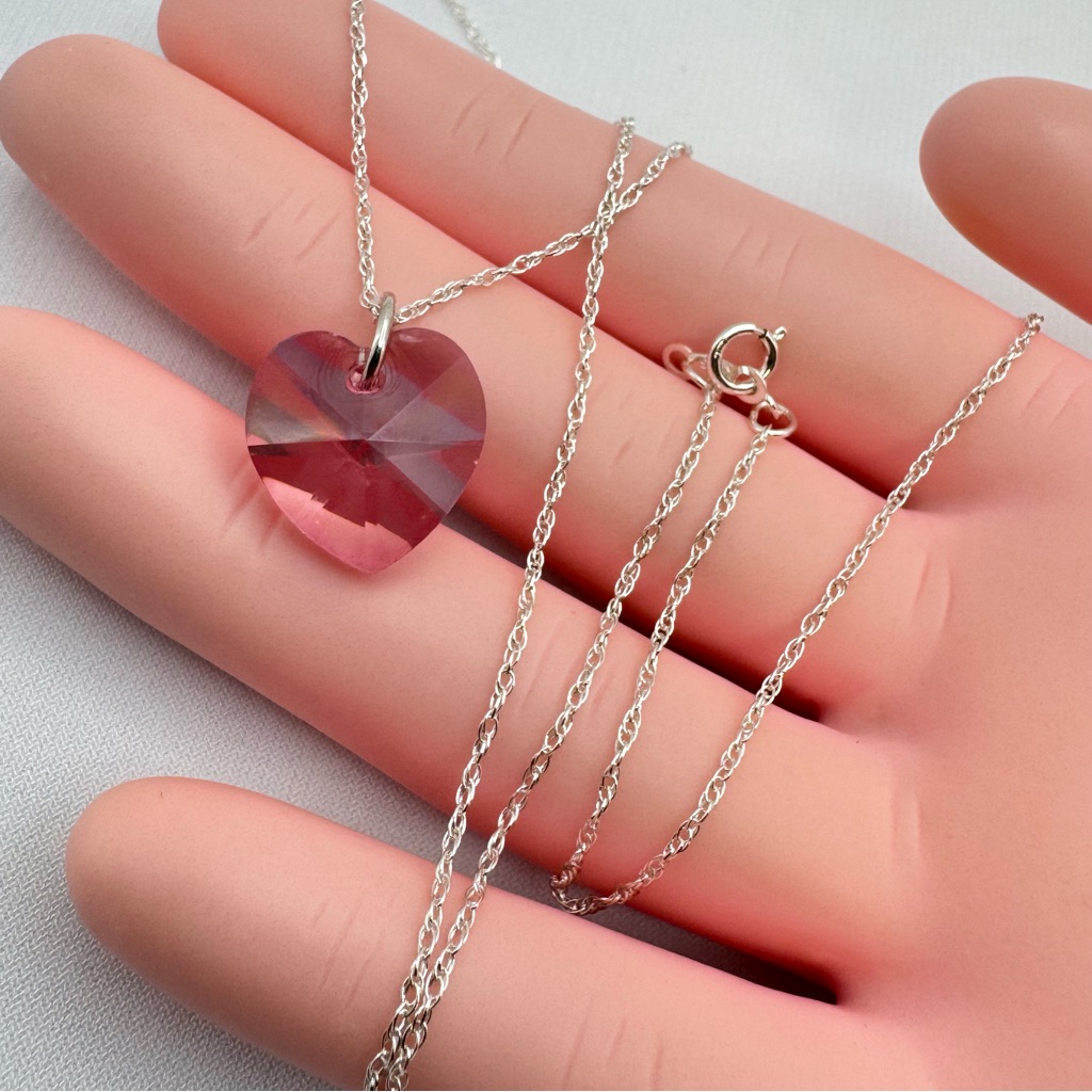Sterling Silver Swarovski Pink Crystal Heart Pendant Necklace 18”